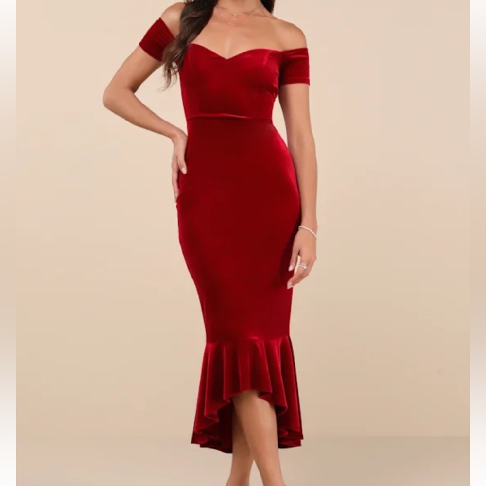 NWT - Lulu's How Much I Care - Red Wine Velvet off-shoulder